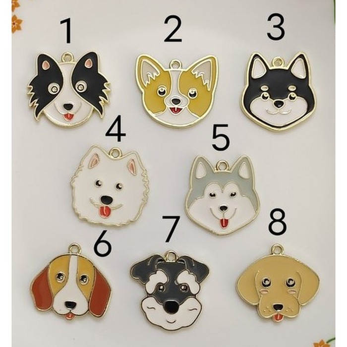A plate of eight dog charms to choose from