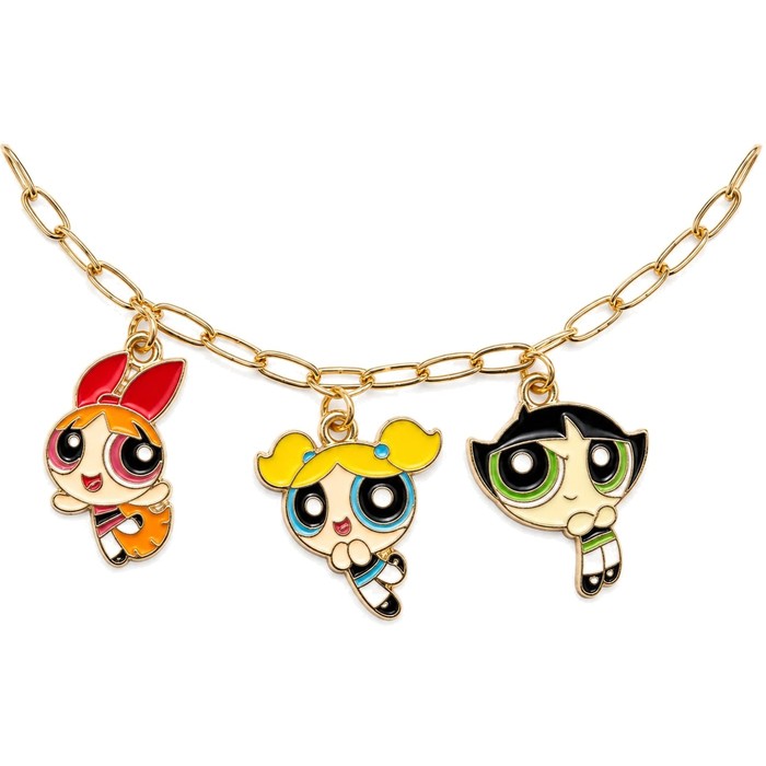 A finished necklace with three Powerpuff Girls charms